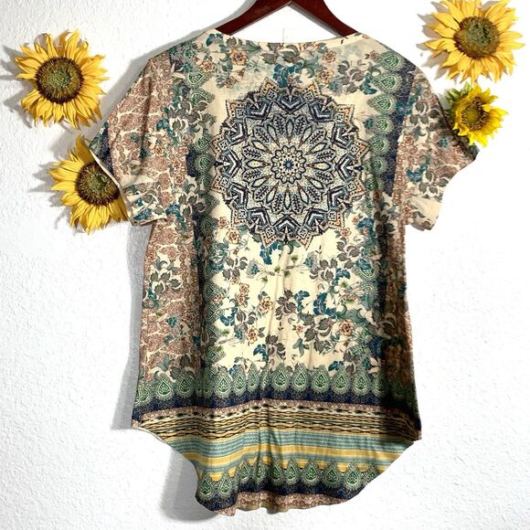One World Live And Let Live Sublimation Short Sleeve Boho Blouse Sz XL Women’s - Picture 5 of 9